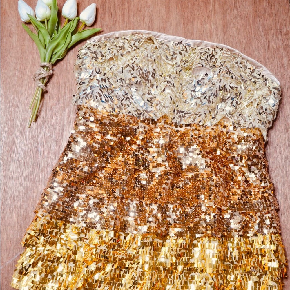 Bebe Strapless Gold Sequin Ombré Dress